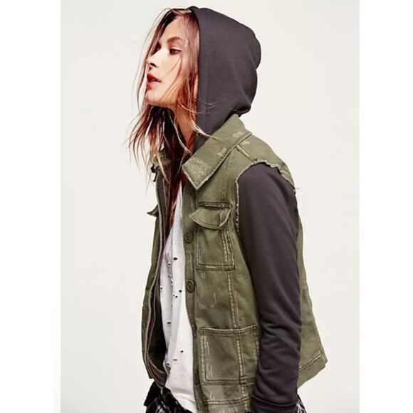 Free People Distressed Hooded Twill Utility Jacket Sz M Army Green Cargo Skater - Picture 4 of 12